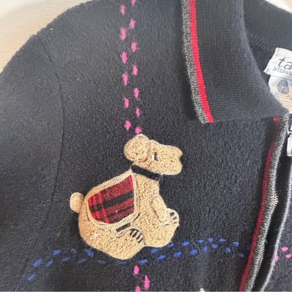 TABI INTERNATIONAL Sz XL Black Dog Pattern Cardigan Jacket Zipper 100% Wool - Picture 5 of 12